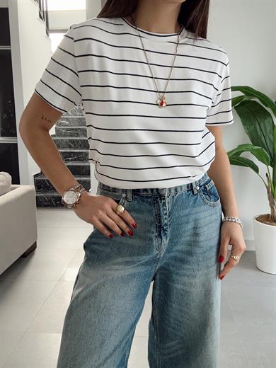 M-D Ekru-Lacivert Çizgili Basic Tişört