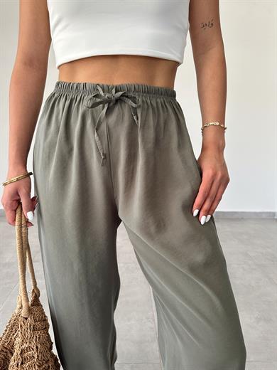 M-D Haki Tensel İnce Kemerli Pantolon