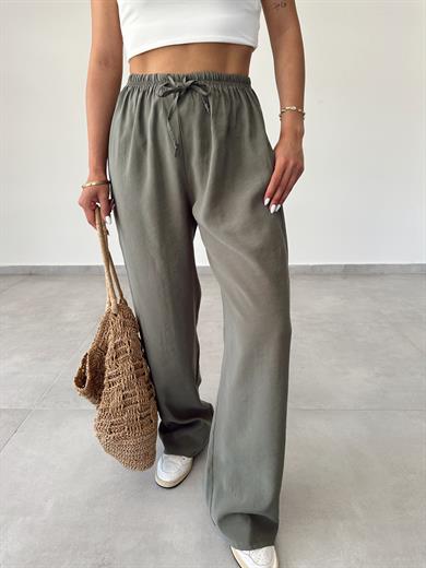 M-D Haki Tensel İnce Kemerli Pantolon