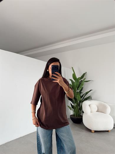 M-D Kahve Bisiklet Yaka Oversize Tshirt