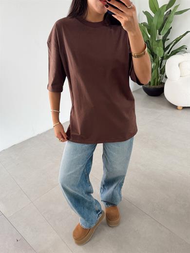 M-D Kahve Bisiklet Yaka Oversize Tshirt