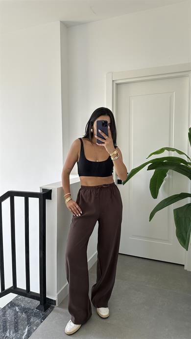 M-D Kahve Tensel İnce Kemerli Pantolon