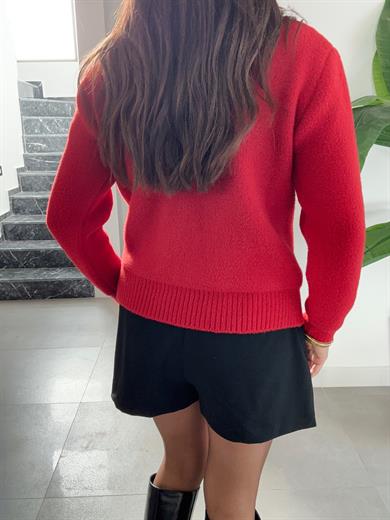 M-D Kırmızı Fiyonk Düğme Detaylı Hırka