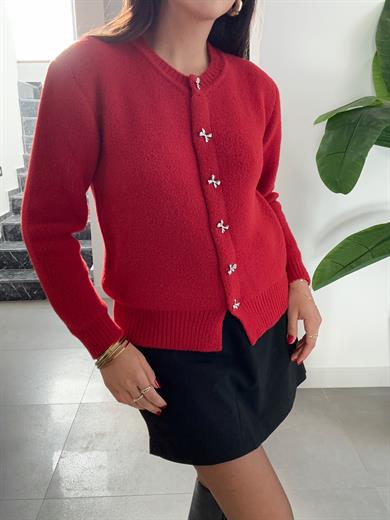 M-D Kırmızı Fiyonk Düğme Detaylı Hırka