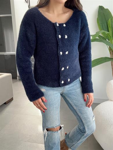 M-D Lacivert Kalp Düğme Yumoş Hırka