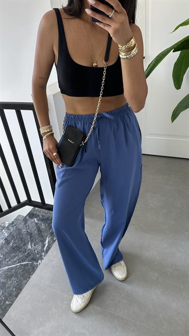 M-D Mavi Tensel İnce Kemerli Pantolon