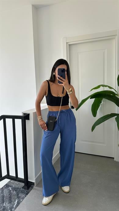 M-D Mavi Tensel İnce Kemerli Pantolon