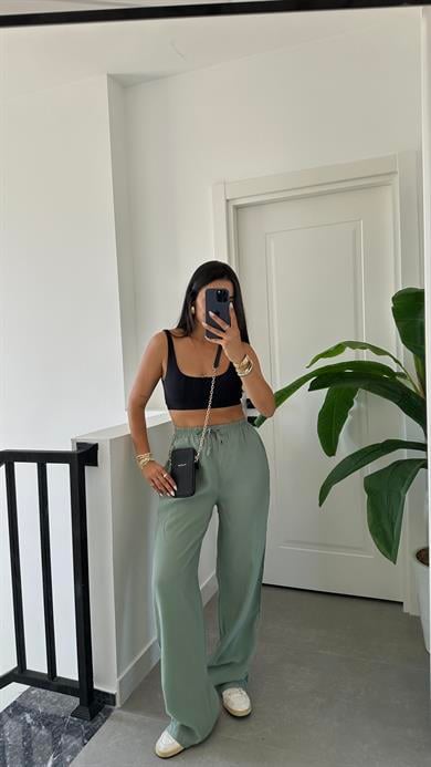M-D Mint Yeşili Tensel İnce Kemerli Pantolon