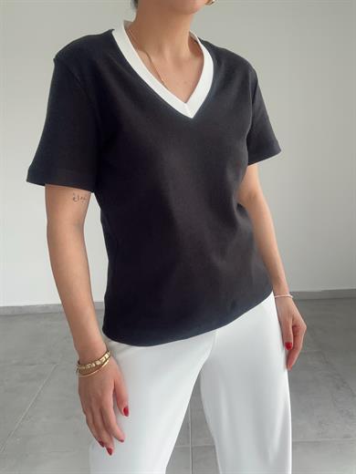 M-D Ole V Yakası Biyeli Tişört -Siyah