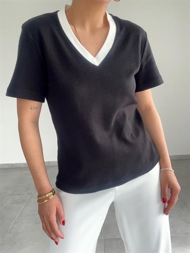 M-D Ole V Yakası Biyeli Tişört -Siyah
