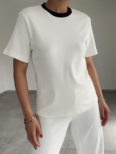 M-D Ole Yakası Biyeli Tişört -Ekru
