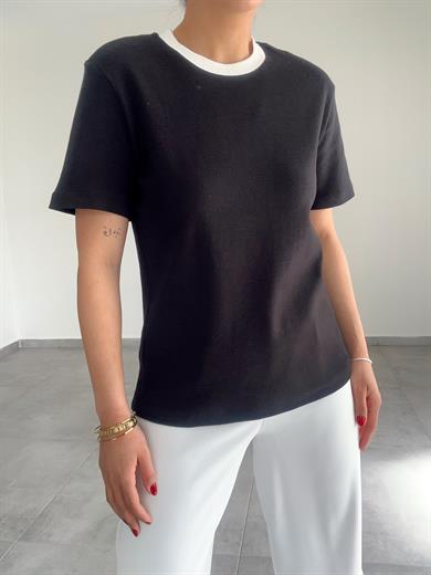 M-D Ole Yakası Biyeli Tişört -Siyah