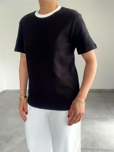 M-D Ole Yakası Biyeli Tişört -Siyah