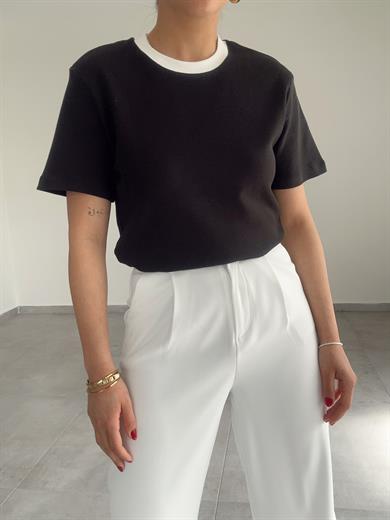 M-D Ole Yakası Biyeli Tişört -Siyah