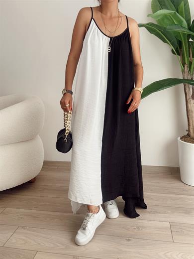 M-D Siyah-Beyaz Blok Desenli Elbise