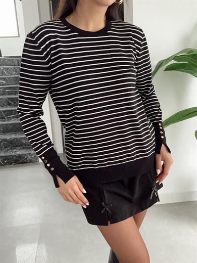 M-D Siyah-Ekru Çizgili Triko Bluz