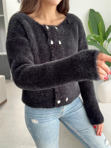 M-D Siyah Kalp Düğme Yumoş Hırka