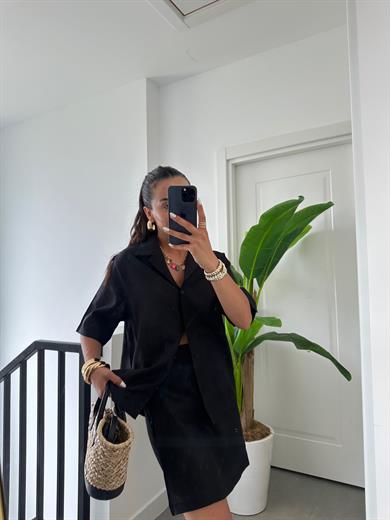 M-D Siyah Kısa Kollu Gömlek Şort Takım