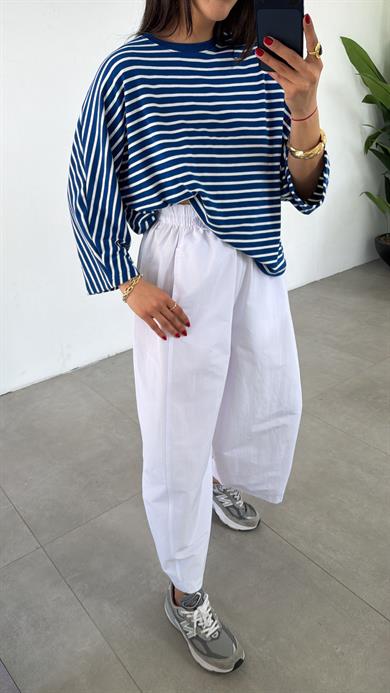 Mavi-Beyaz Çizgili Yarasa Kol Bluz