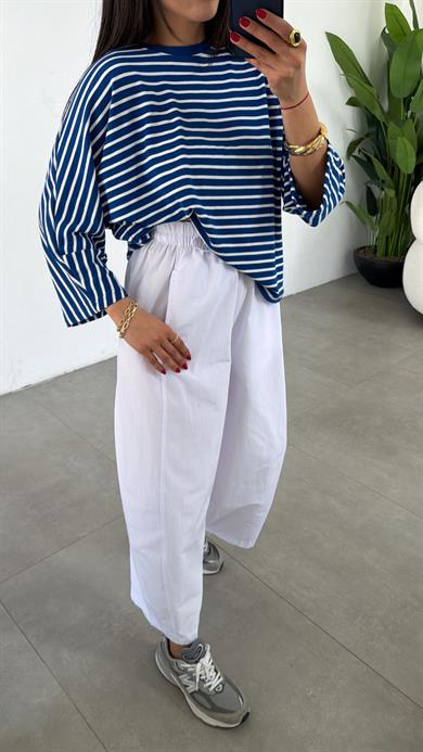 Mavi-Beyaz Çizgili Yarasa Kol Bluz