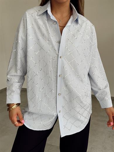 Mavi Çizgili Taşlı Gömlek