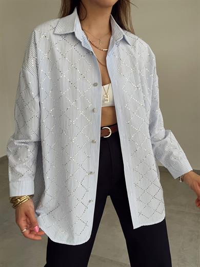 Mavi Çizgili Taşlı Gömlek