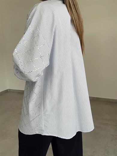 Mavi Çizgili Taşlı Gömlek