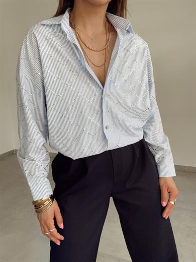Mavi Çizgili Taşlı Gömlek