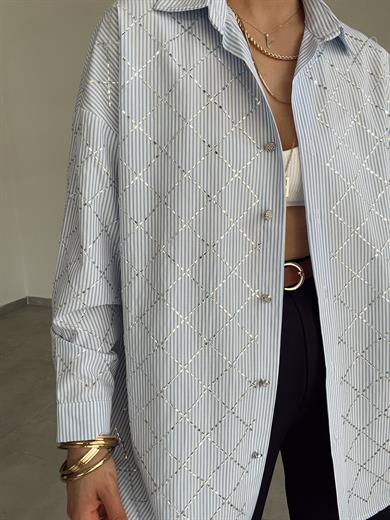 Mavi Çizgili Taşlı Gömlek