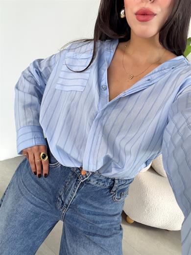 Mavi Çizgili Tek Cepli Gömlek