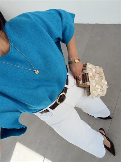 Mavi Dantel Detaylı Triko Bluz