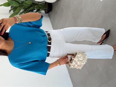 Mavi Dantel Detaylı Triko Bluz