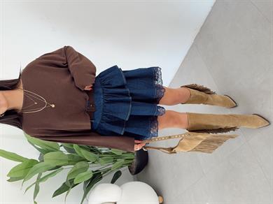 Mavi Dantelli Fırfırlı Denim Etek