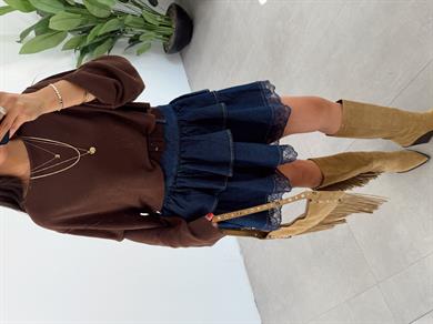 Mavi Dantelli Fırfırlı Denim Etek
