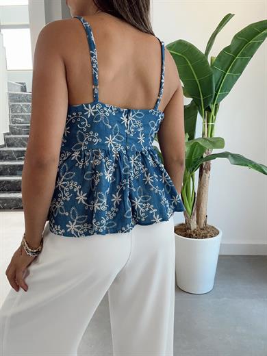 Mavi Desenli Askılı Bluz