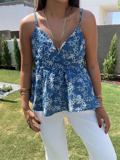 Mavi Desenli Askılı Bluz