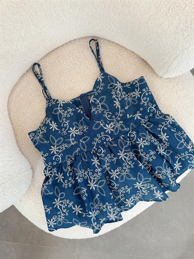 Mavi Desenli Askılı Bluz