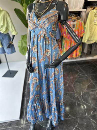 Mavi Desenli Askılı Elbise