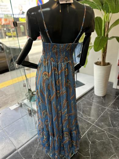 Mavi Desenli Askılı Elbise