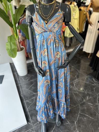 Mavi Desenli Askılı Elbise