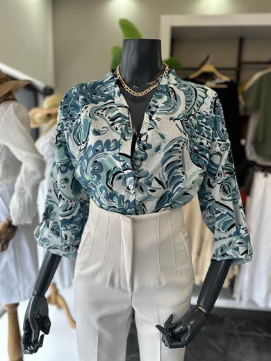 Mavi Desenli Hakim Yaka Pamuklu Vual Gömlek