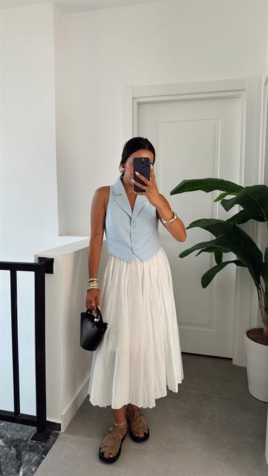 Mavi Düğmeli Dokuma Yelek