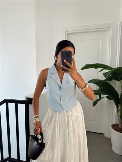 Mavi Düğmeli Dokuma Yelek