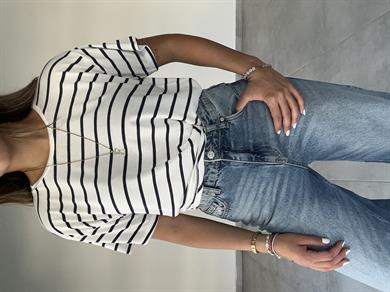 Mavi-Ekru Çizgili Tişört