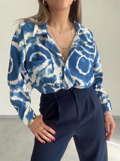 Mavi-Ekru Desenli Cepli Oversize Gömlek