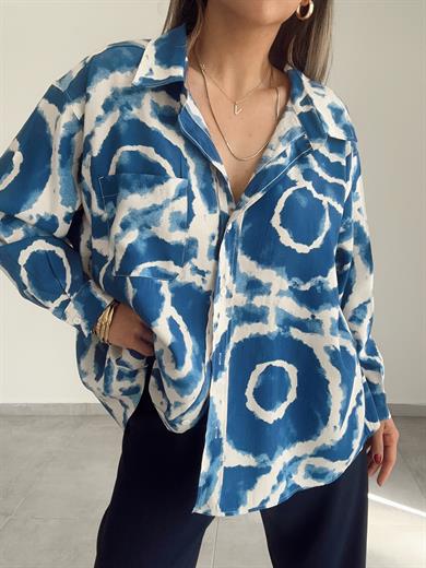 Mavi-Ekru Desenli Cepli Oversize Gömlek