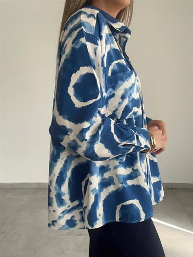 Mavi-Ekru Desenli Cepli Oversize Gömlek