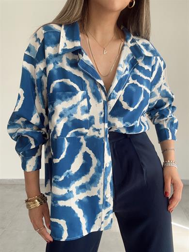 Mavi-Ekru Desenli Cepli Oversize Gömlek
