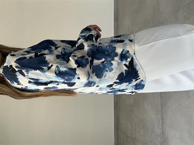 Mavi-Ekru Desenli Saten Gömlek