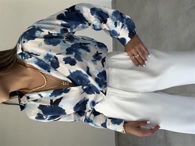 Mavi-Ekru Desenli Saten Gömlek